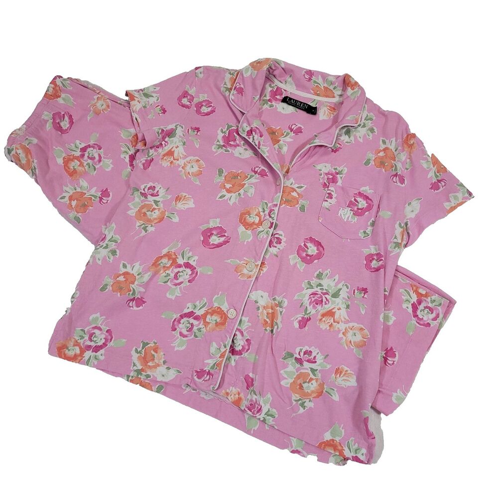 Floral Ralph Lauren‎ Pajama Set M Pink Capris Black Label LRL Preppy Feminine